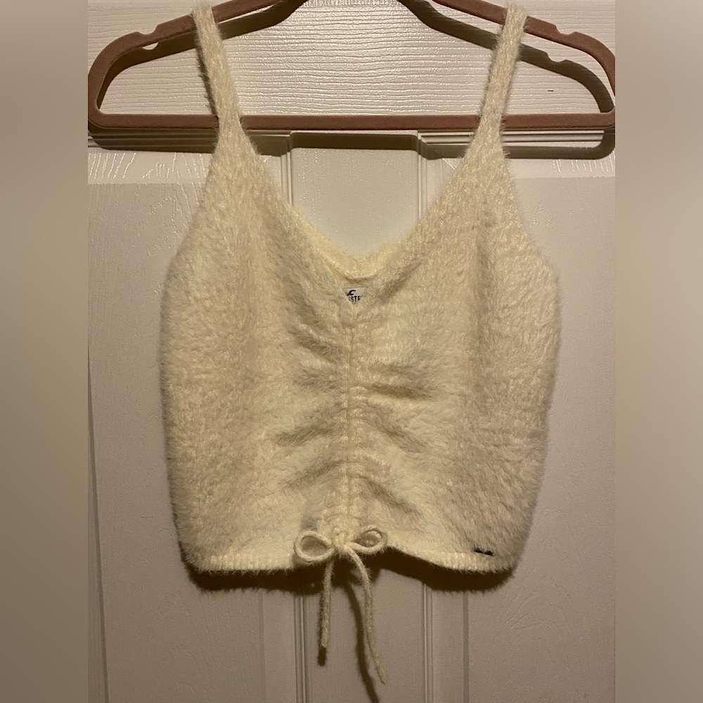 NWOT Hollister Cream Fuzzy Sweater Tank Top with Drawstring Front Women’s Size M